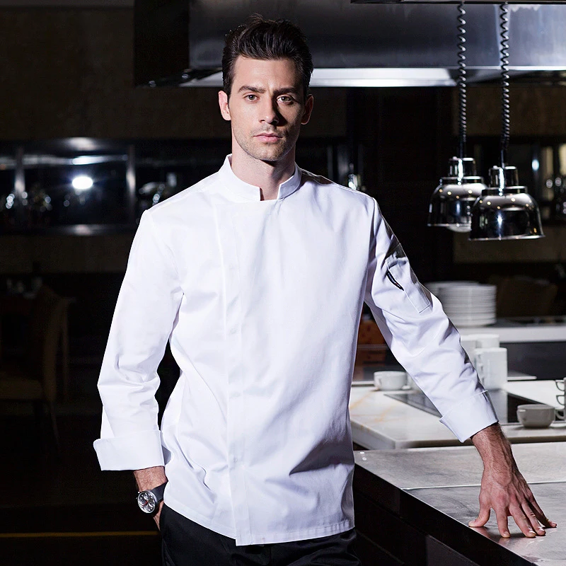 Chaqueta blanca de manga larga para hombre, traje de Chef para restaurante y cocina, uniforme profesional para Hotel y Catering