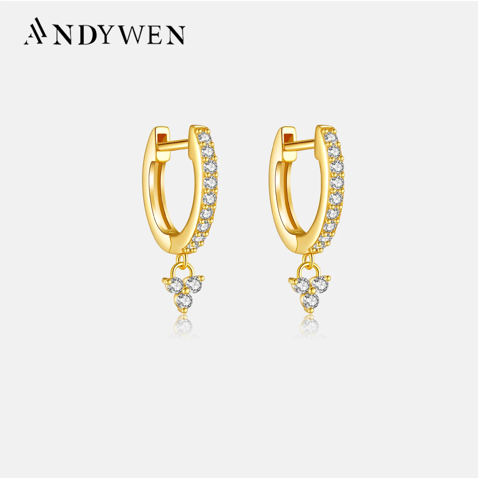 

ANDYWEN 925 Sterling Silver Gold Three Zircon Charm Drop Earring Loops Piercing Pendientes Clips Rock Punk Party Jewelry Gift