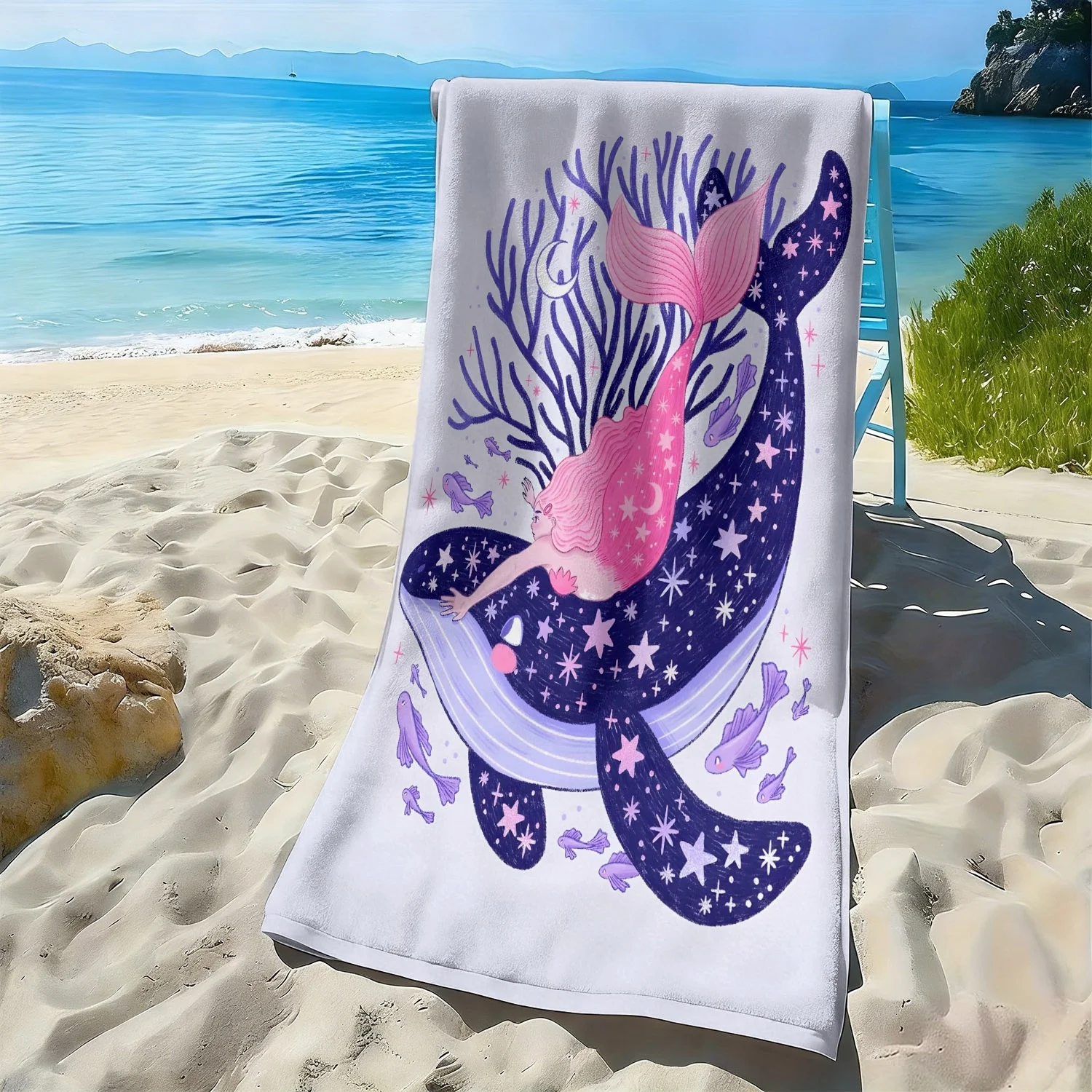 

Dreamy mermaid and starry sky pattern polyester microfiber beach towel is highly absorbent, suitable swimming and beach outings