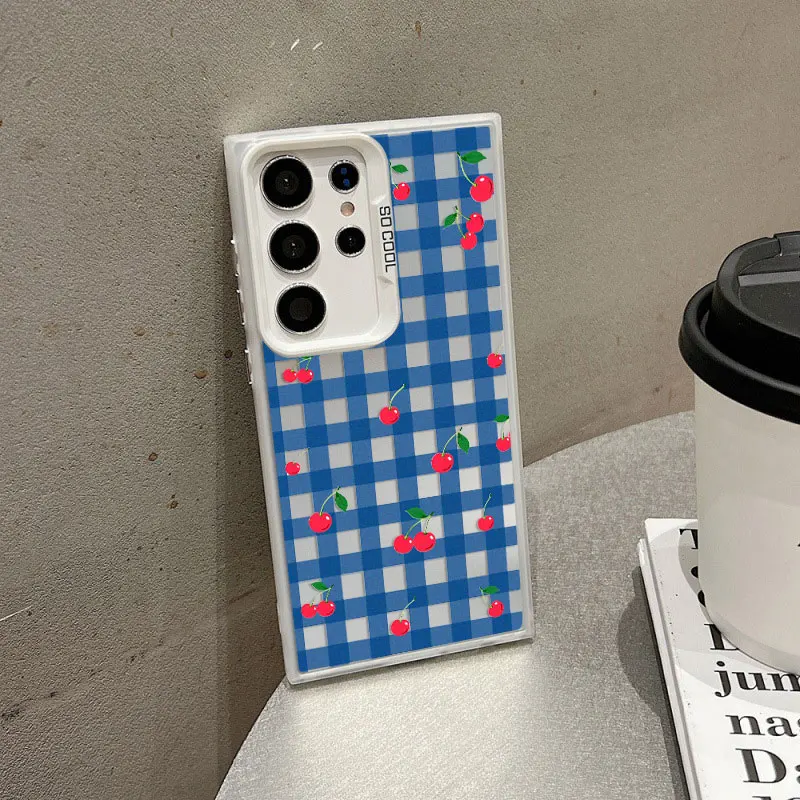 For Samsung Galaxy S24 S23 Ultra Plus FE S25 S22 Ultra Plus S21 FE Laser Phone Case Cute Fashion Girl Cherry Grid Pattern Covers