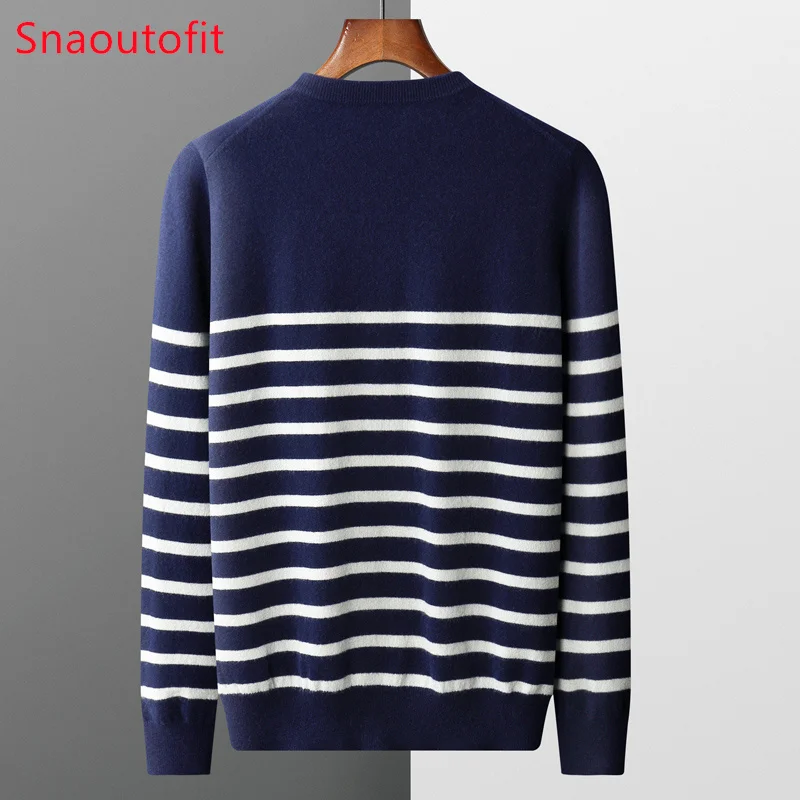 Men\'s New 100% Pure Wool Sweater O-neck Navy Style Striped Top Spring and Autumn Loose Youth Business Casual Cashmere Sweater