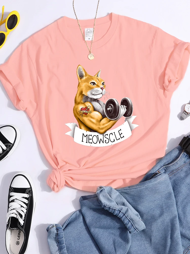 Meowscle Workout Cartoons Print Tshirts Female Street Personality T-Shirts Breathable Summer Crop Top Cool Sport T-Shirt Female