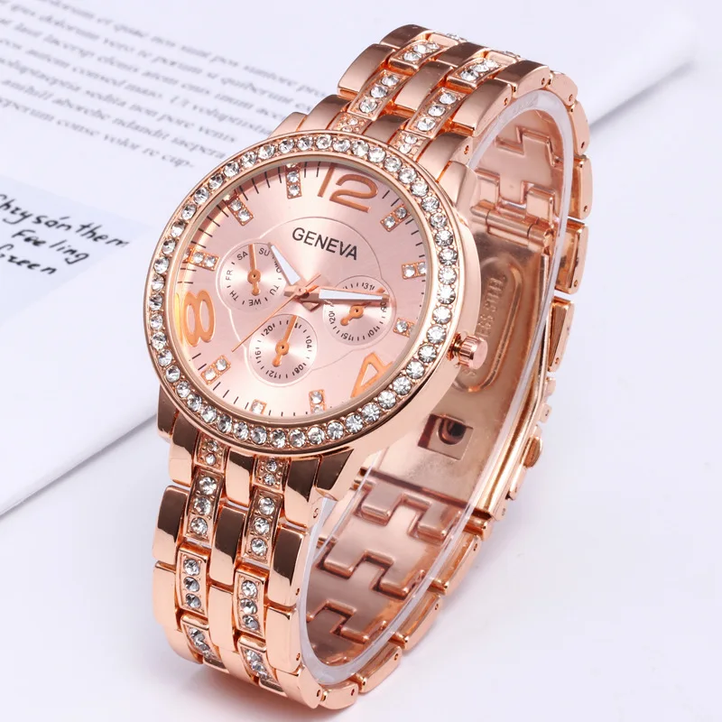 Luxus Weiblichen Uhr Genf Frauen Goldene Stahl Quarzuhr Military Kristall Casual Handgelenk Uhren Strass Relogio Feminino