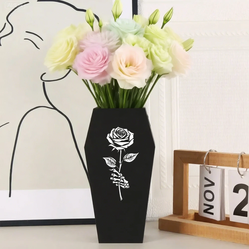 Grenzüberschreitendes Gothic-Skelett mit Rosen-Sarg-förmiger Vase für dunkle Desktop-Dekoration im Retro-Stil, Szenario