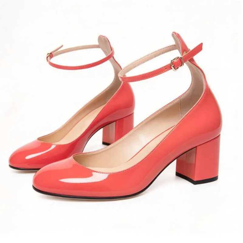 Lolita Watermelon Red Patent Leather Med Chunky Heel Pumps Small Buckle Ankle Strap Round Toe Woman Slip On Street Shoes