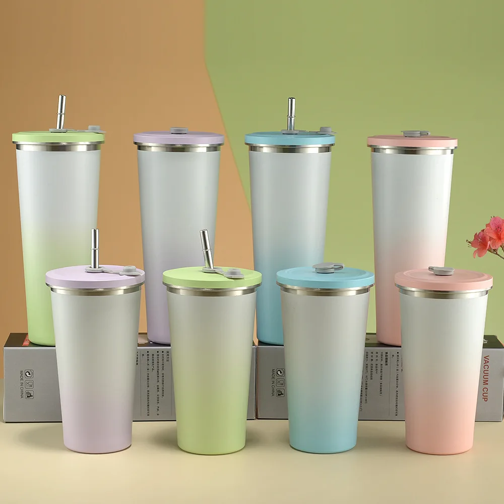 New Insulated Cup 304 Stainless Steel Simple Gradient Color Straw Cup High Aesthetic Value Coffee Cup for Students