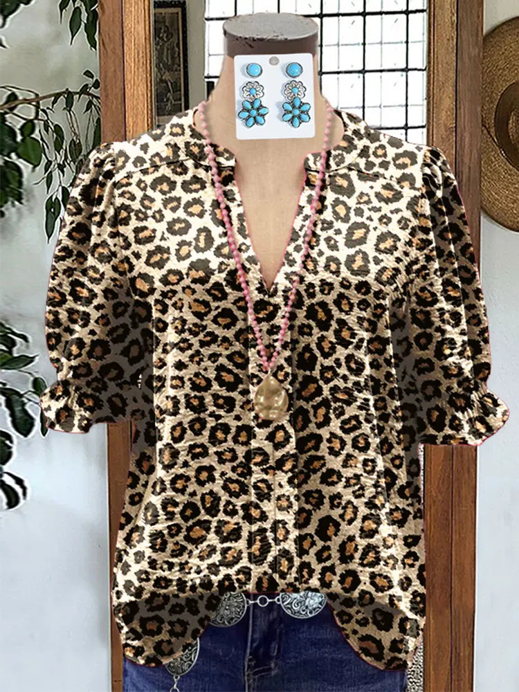 Classic Leopard Print Puff Sleeve Top Classic Puff Sleeve Blouses