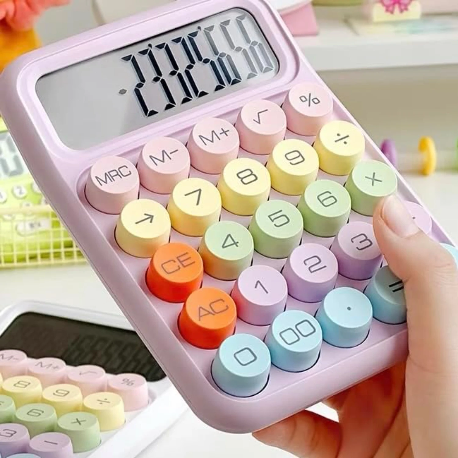 Candy-colored Electronic Calculator,12 Digit Large LCD Display and Big Round Buttons, Typewriter- Mechanical Key Calculator for