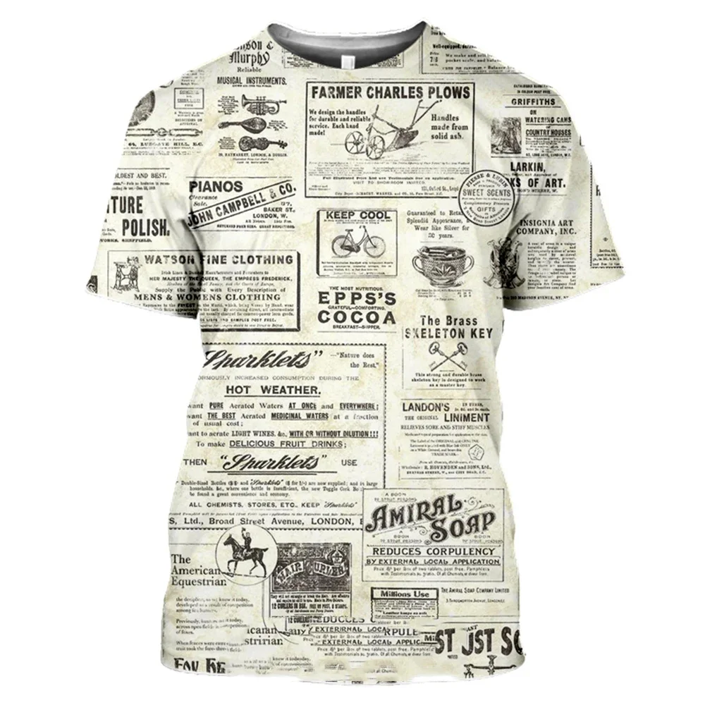 2024 Summer New Hot Old Newspaper Pattern 3D Printed Men's T-shirt Large Size Loose Comfortable Casual Fashion Top 6xl