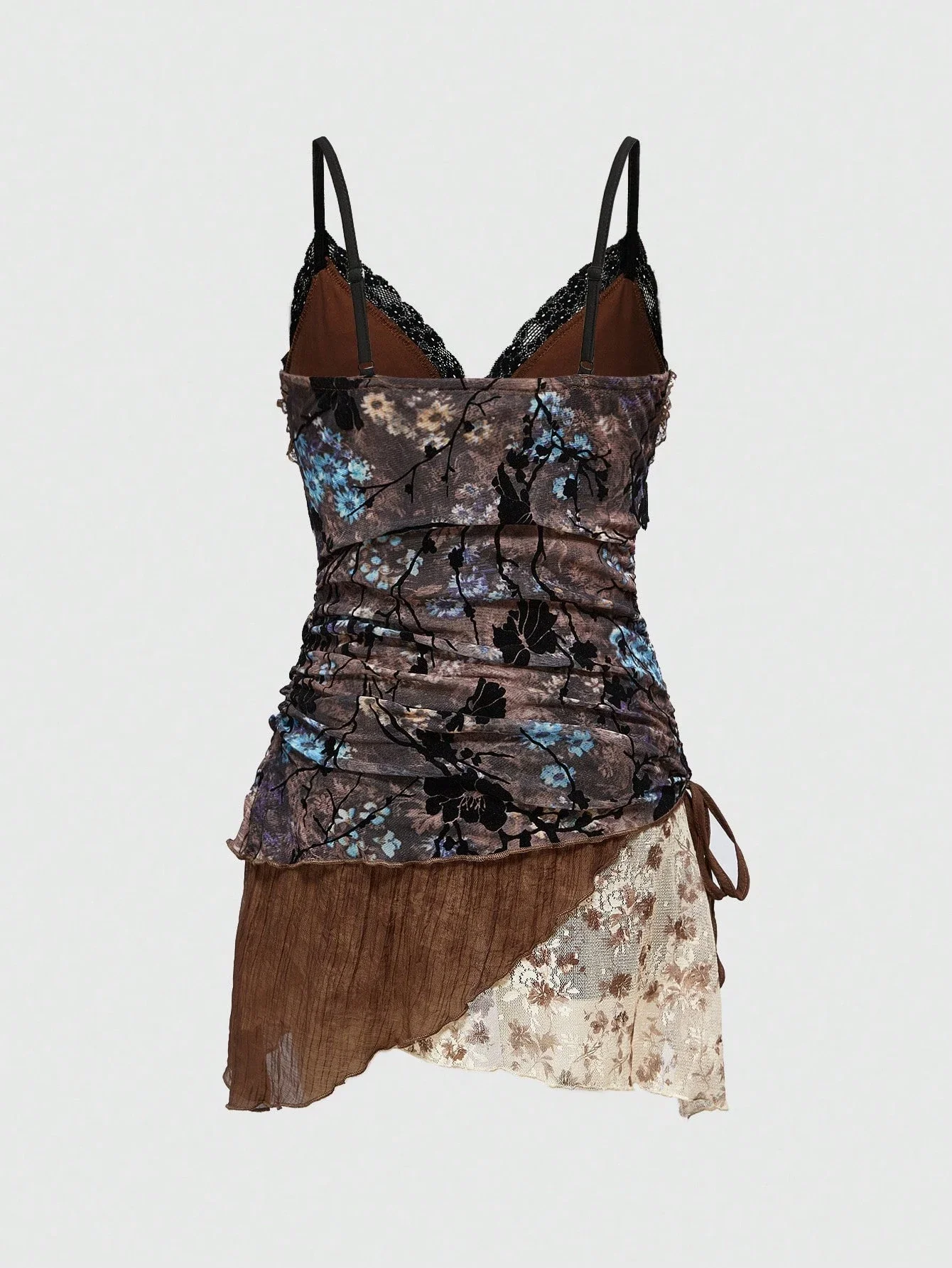 

Винтажное мини-платье с цветочным принтом, флокированием, драпировкой и асимметричным подолом, многослойное