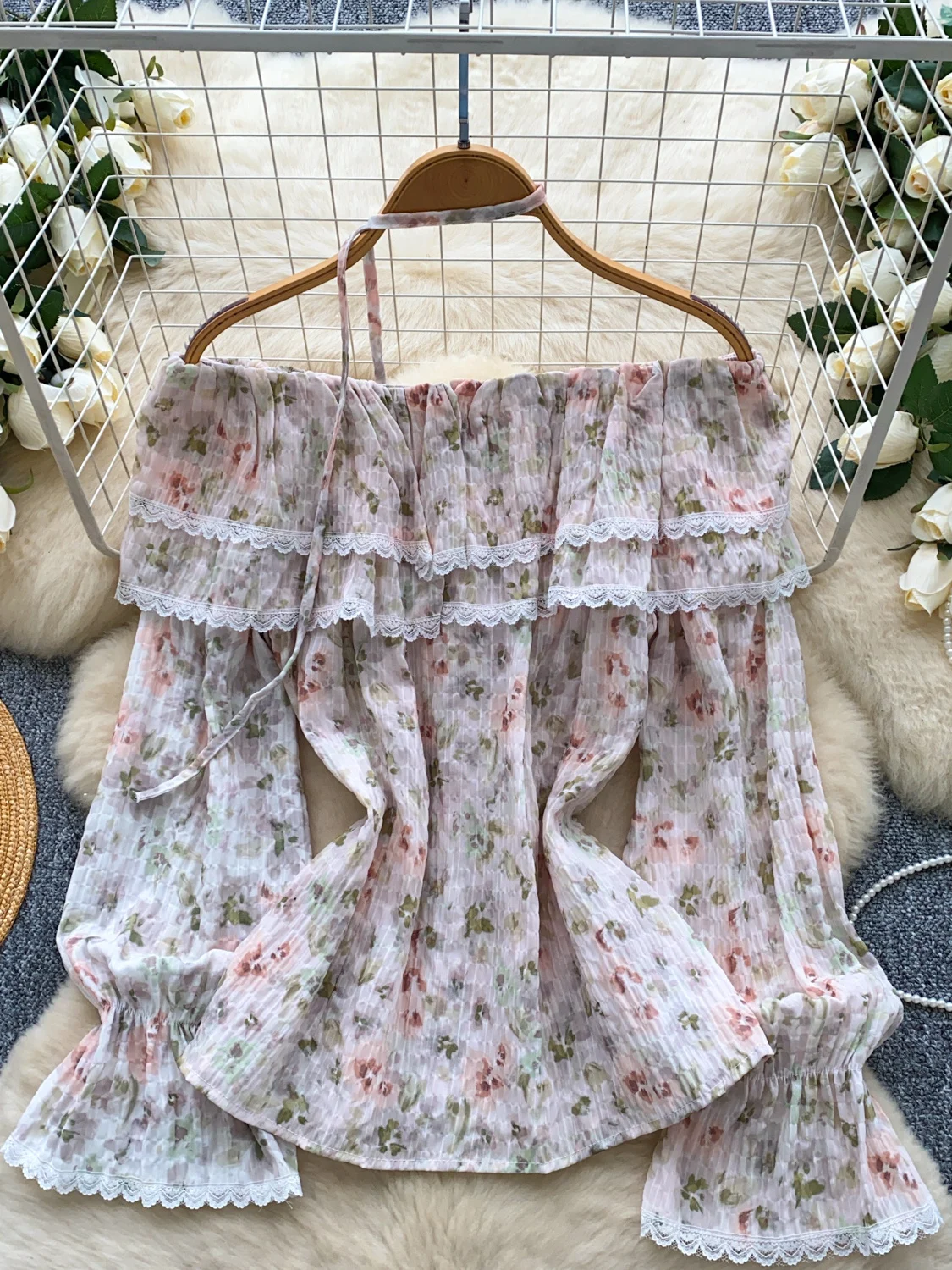 Imprimé Floral dentelle épissure cloche Sve une épaule femmes irt coréen Sle coupe ample longue Sve respirant vêtements de trajet