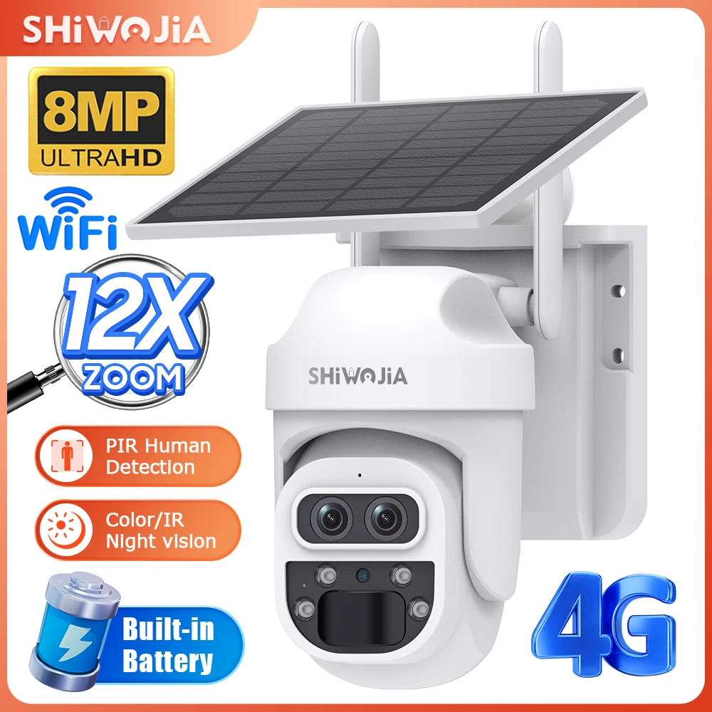 SHIWOJIA 12X Zoom 4G LTE Solar Security Camera 8MP Night Vision Dual-Lens Outdoor WiFi Solar Battery Camera PIR Human Detection