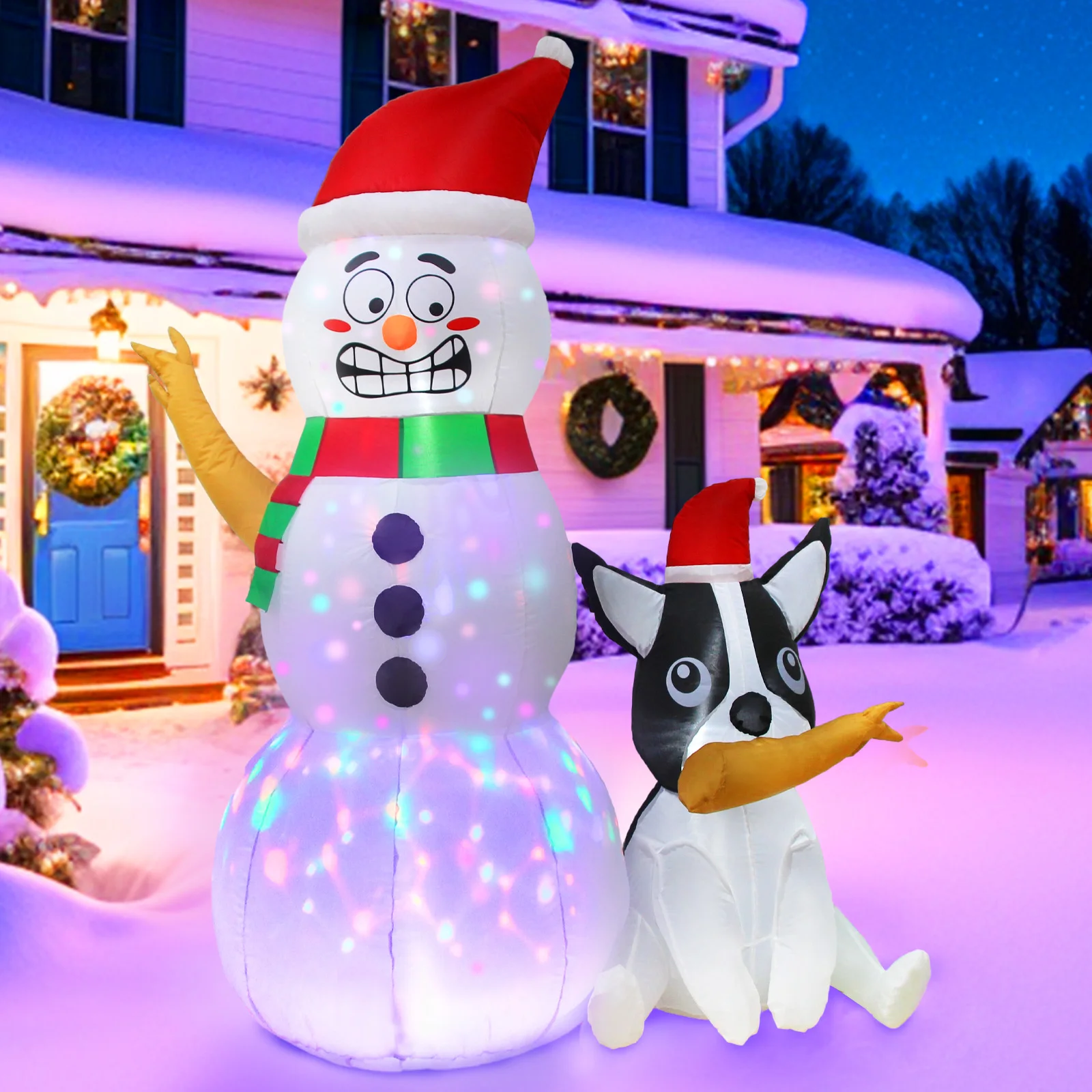 

OurWarm 6ft Christmas Inflatable Outdoor Decoration Funny Inflatable Snowman with Dog Blow Up Xmas Decor with Rotating LED Light