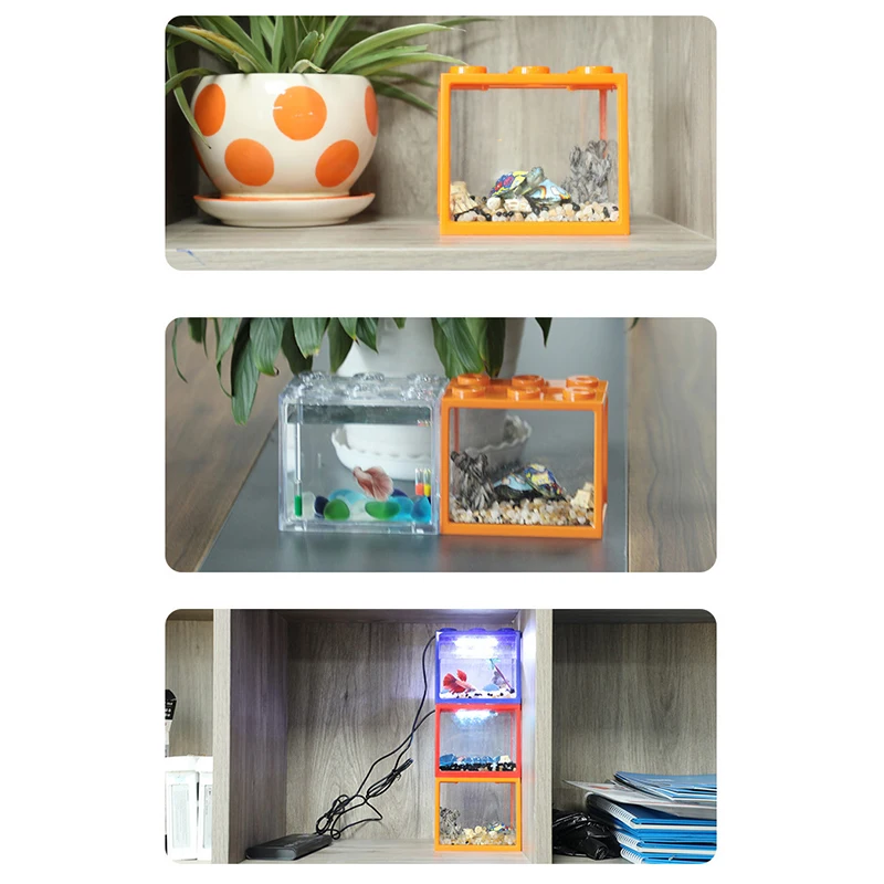 Aquarium Mini Fish Tank Reptile Pet LED Light Box Stackable Aquarium Cylinder Landscape Seaweed For Home Office Decoration