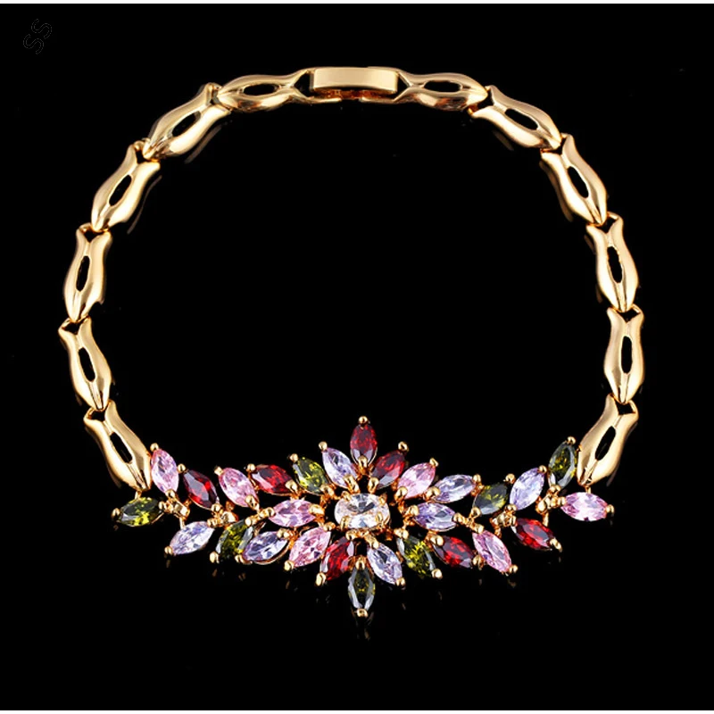 Copper Inlaid Colored Gemstone Zircon Bracelets for Bridal Wedding Dress Accessories Hand Chain Gold/Silver Metal