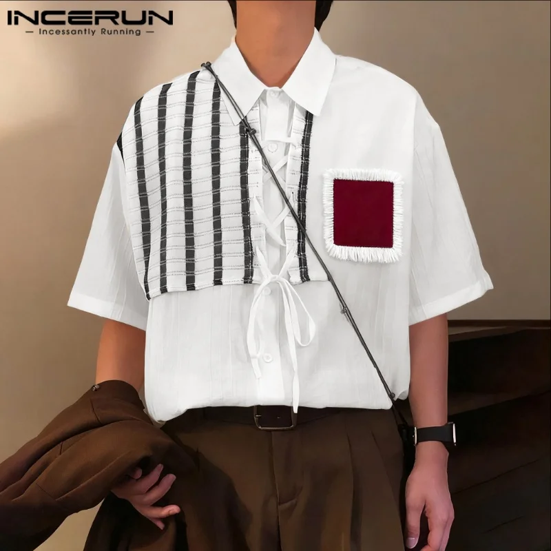 INCERUN Men Shirt Patchwork Color-block Lapel Short Sleeve Men Clothing Streetwear Loose Korean Style Fashion Casual Tops S-5XL