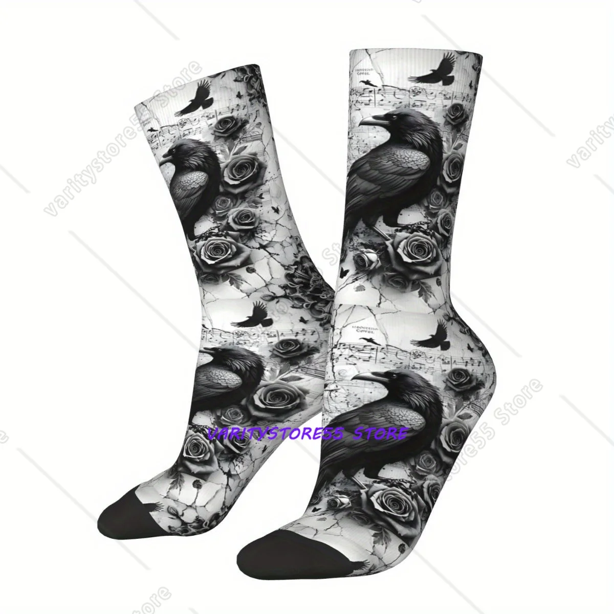 Gothic Raven Rose Print Crew Socks Crow Kawaii Socks Sports Cartoon Pattern Socks