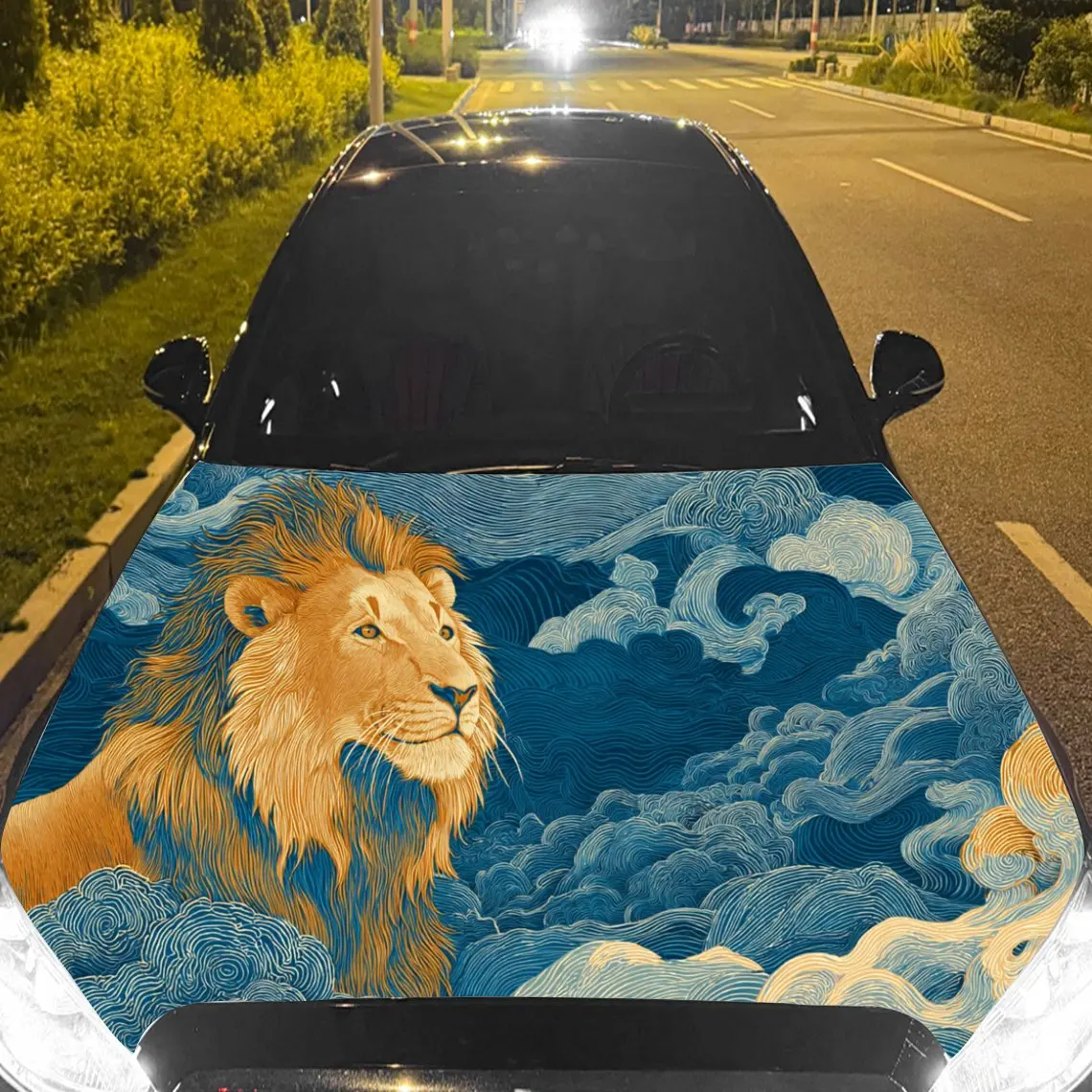 

Car Decal Lion with Wave Artistic Background & Majestic-Cultural Aesthetic Car Hood Sticker, Waterproof Self - Adhesive Vinyl Gr