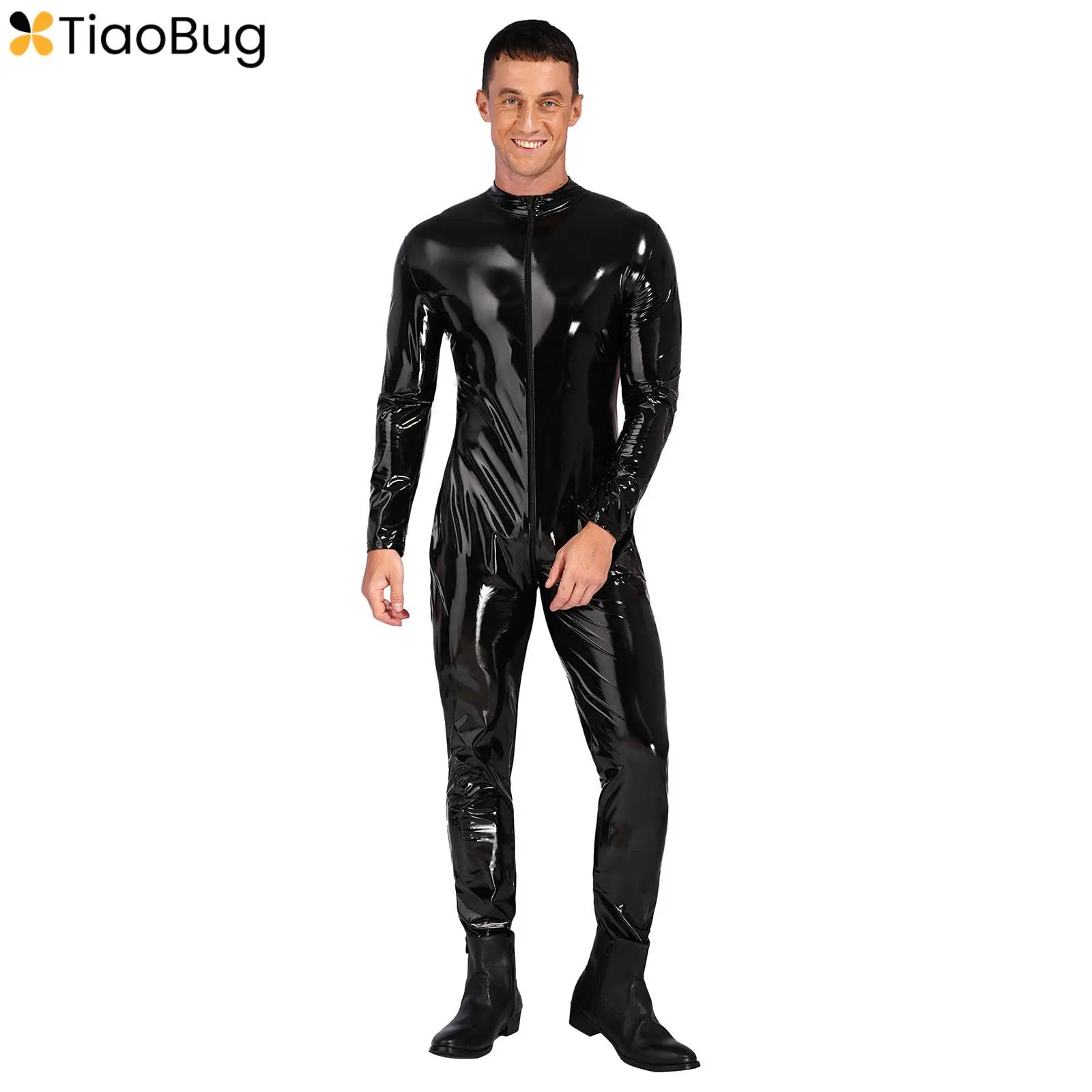 

Mens Wet Look Long Sleeve Zipper Bodysuit One Piece Patent Leather Jumpsuits Pole Dancing Performance Costume Catsuit Clubwear