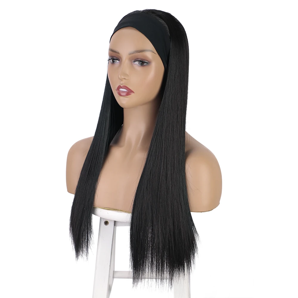 African American Ice Ribbon Bandana Wigs Women Long Straight Hair 24 Inches Black High Quality Synthetic Wig Women Cosplay Party