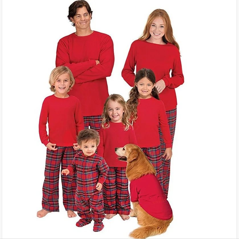

Christmas Family Pajamas Matching Set Red Long Sleeve Tops and Checkered Pants Sleepwear for a Cozy Holiday Season