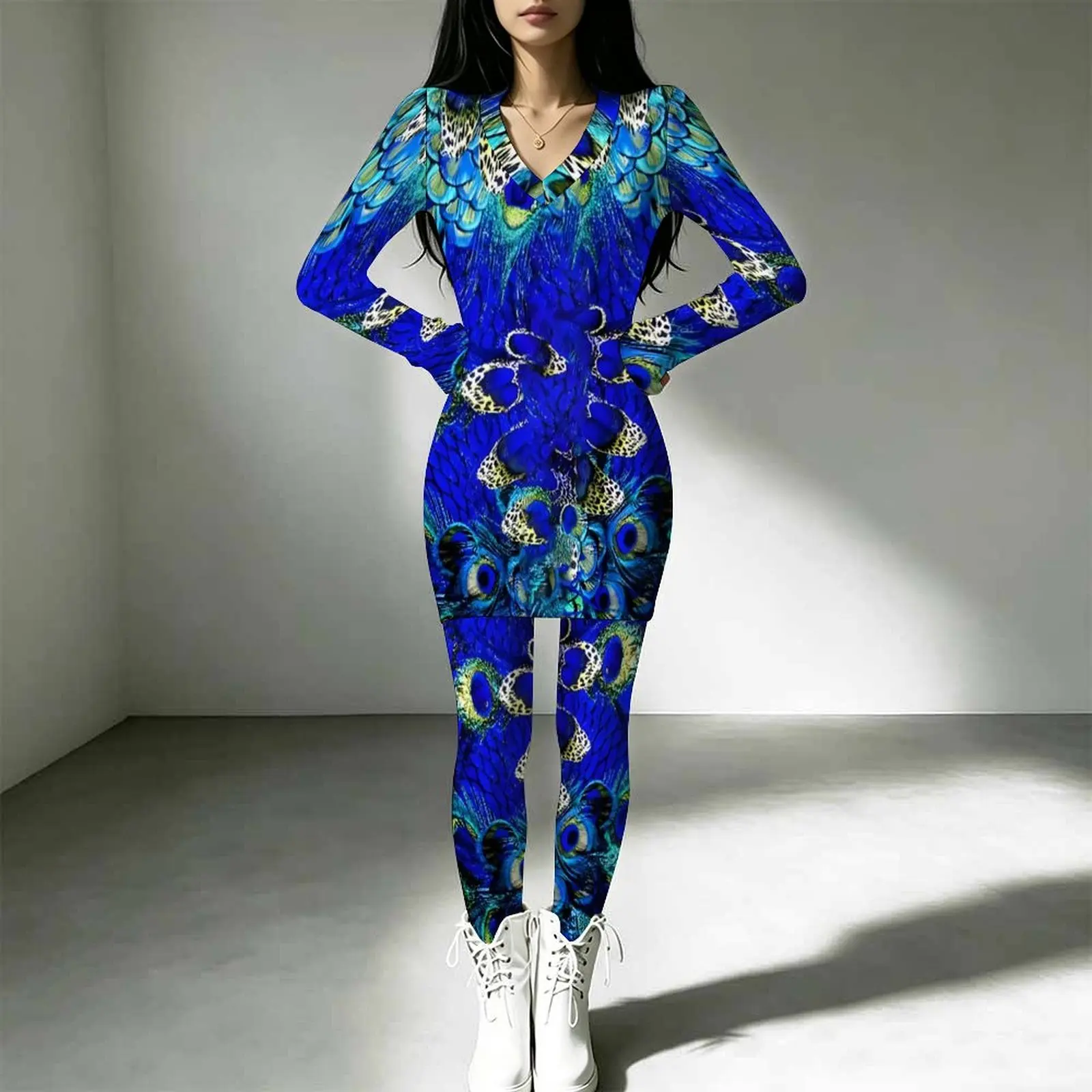 2pcs Autumn Daily Outfit Two-Piece Set Trendy Jogging Pants Winter Slim Long Sleeve Women's V-neck Top Fashion Tight Pants