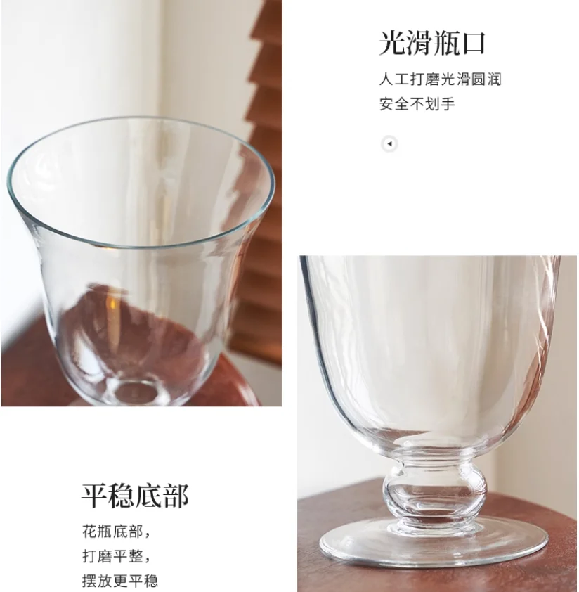 Middle aged high transparency glass large vase, transparent water cultivated rose and lily fresh cut flowers, home decoration or