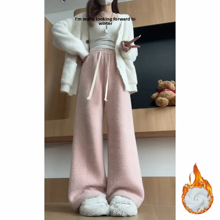 Pink Mink Velvet Fce Lined High Waist Dra Thiened Straight Leg Floor Length Pants Women's Autumn Winter New Arrival