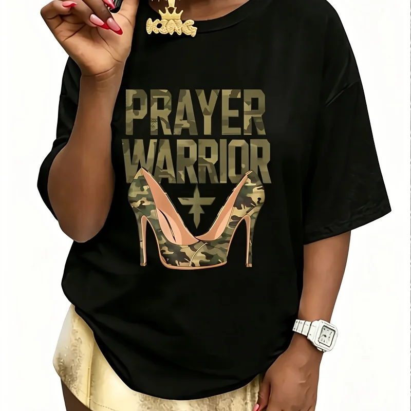 Heels Prayer Warrior Faith-Inspired Christian Women's 100% Cotton T-Shirt Short Sleeve Top Casual Round Neck Fun Print Tee S-5Xl
