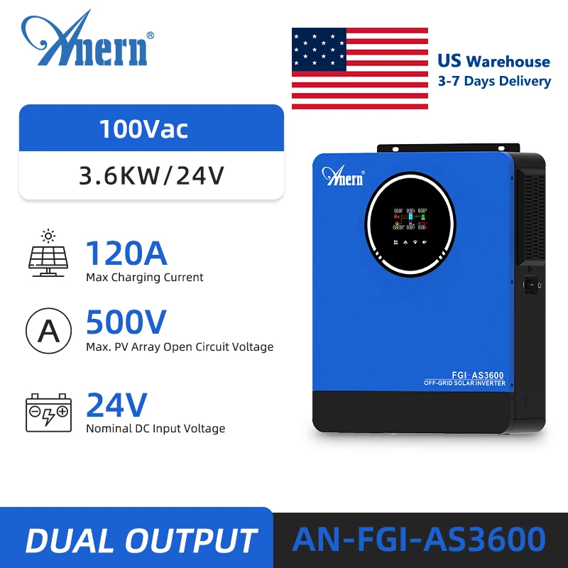 

100Vac 3.6KW Solar Hybrid Inverters 24V Dual Output 60-500Vdc Pure Wave Inverter For Lithium AGM Battery