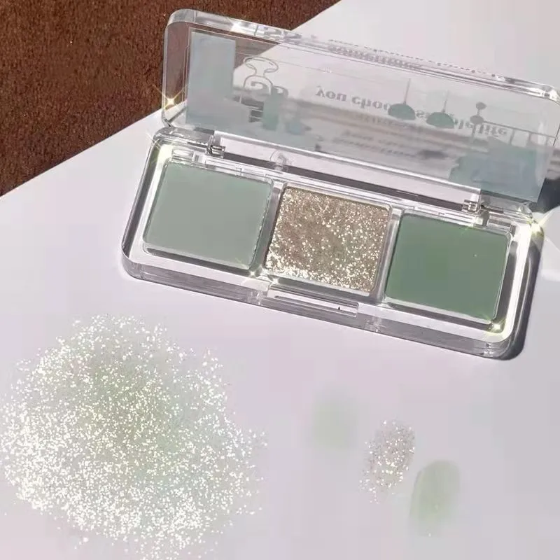 Paleta de sombras de ojos con lentejuelas nacaradas, tres colores, mate, rosa, rosa, gris oscuro, verde, brillo, pigmento de larga duración, cosméticos