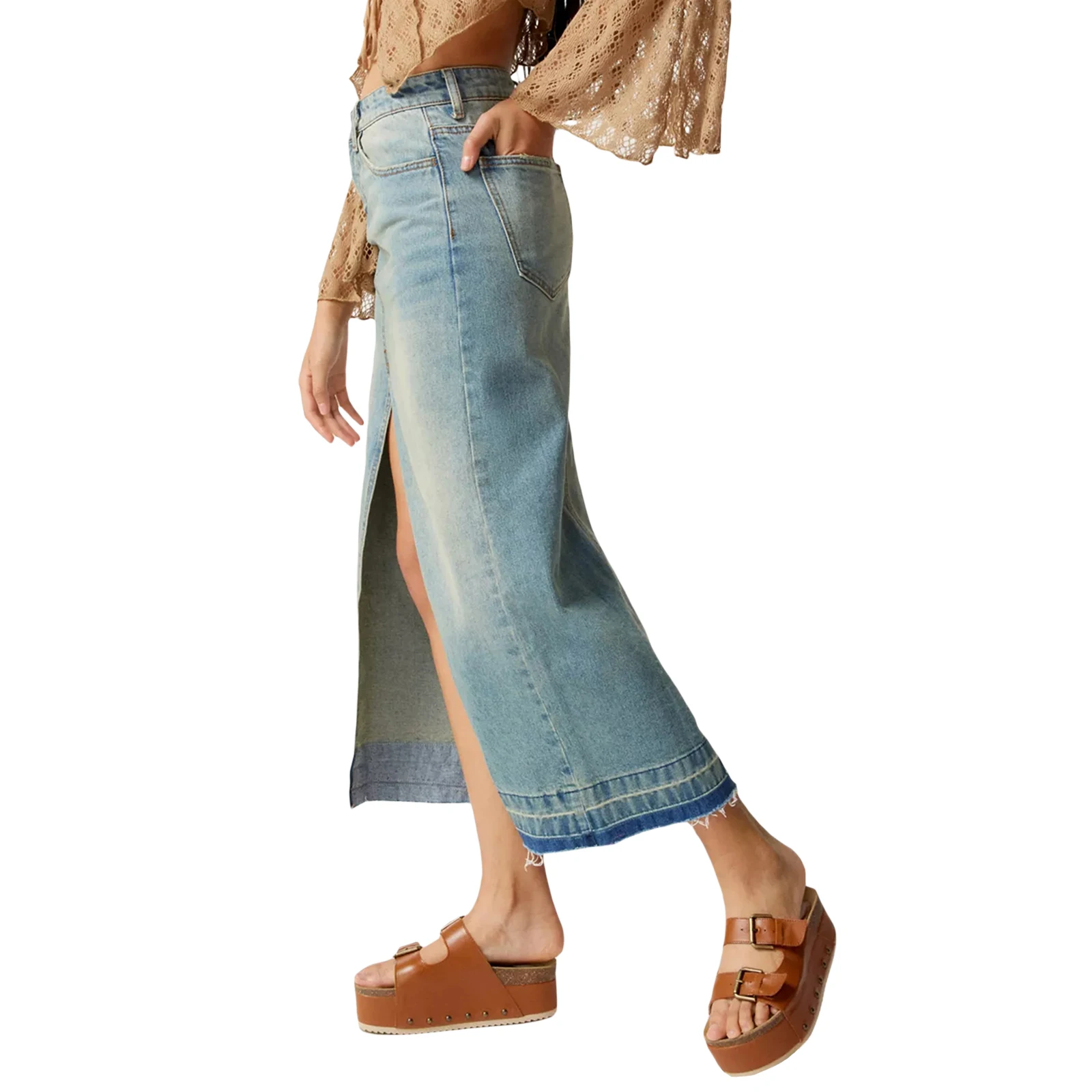 Women High Waist Straight Denim Skirt Vintage Front Split Fork Blue/Black Long Bodycon Pencil Jean Skirts with Pockets