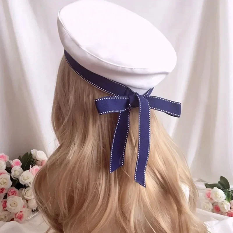 LOLITA Harajuku Personalized Ribbon Bow Navy Beret Autumn and Winter Women's Versatile Painter Blue and White Hats