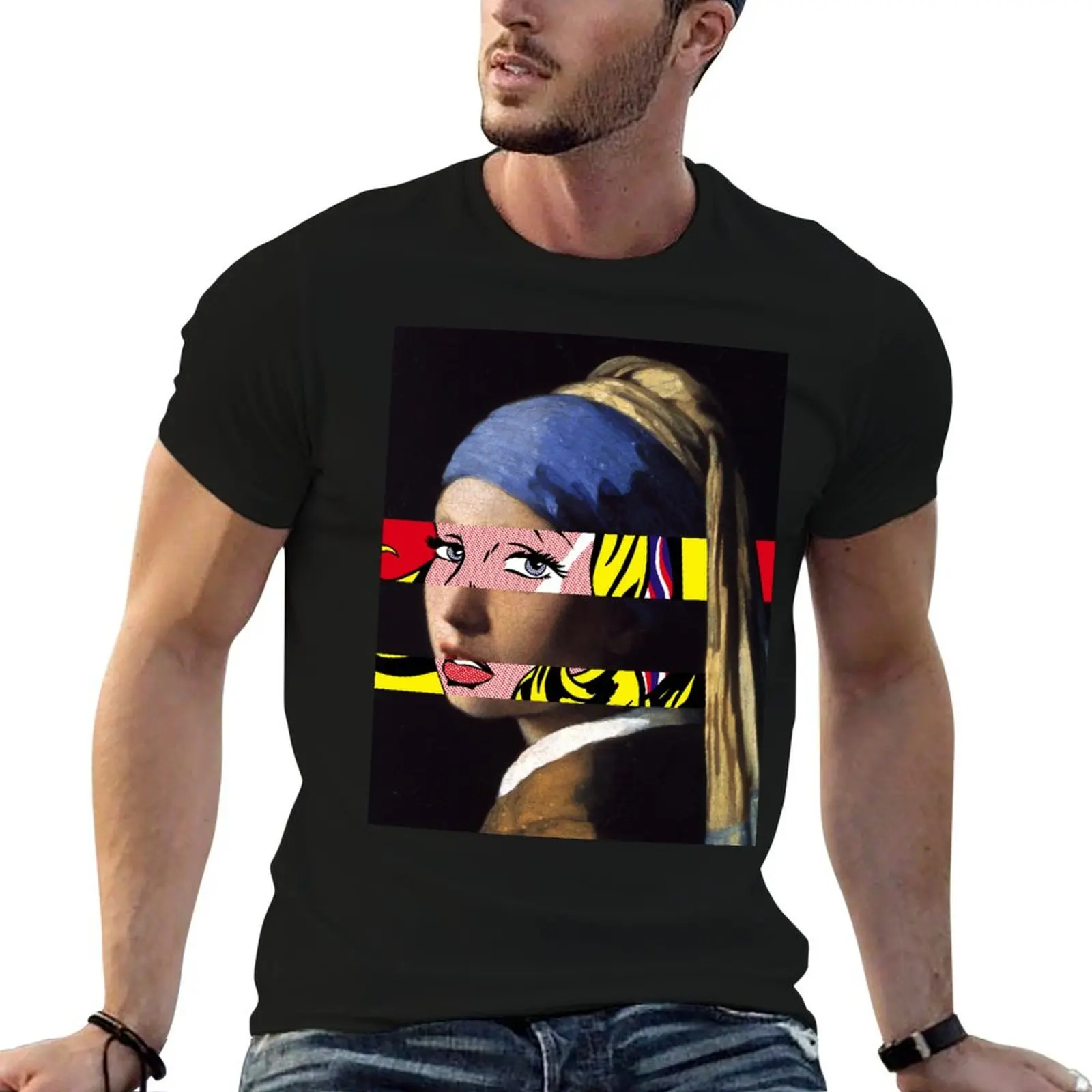 Vermeer Girl with a Pearl Earring meets Roy Lichtenstein Girl with hair ribbon T-Shirt Fashion Casual Short Sleeve Top
