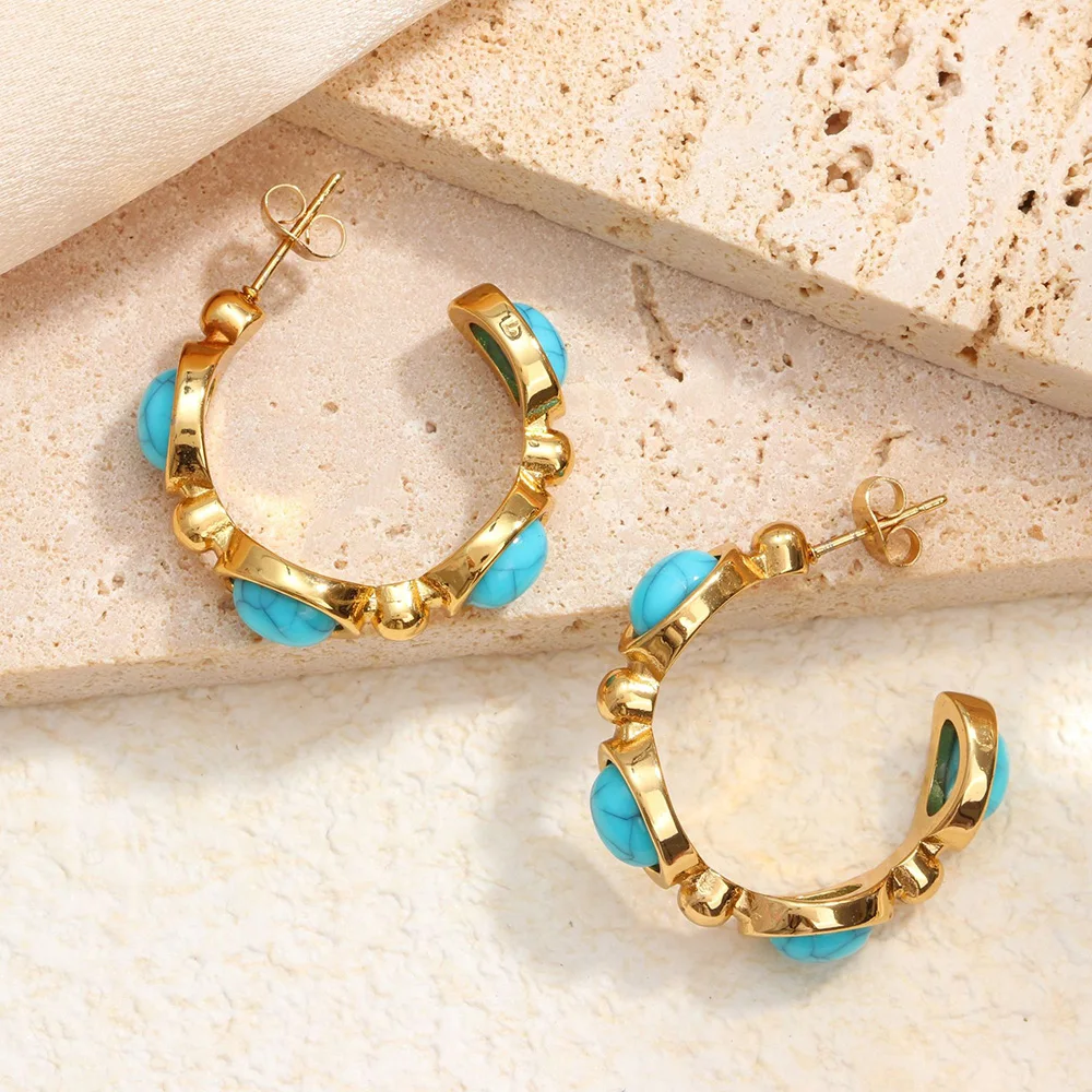 Fashion Boho Summer Turquoise Hoop Earrings for Women Geometric Round Beads Green Stone Stainless Steel Earrings Jewelry Gifts