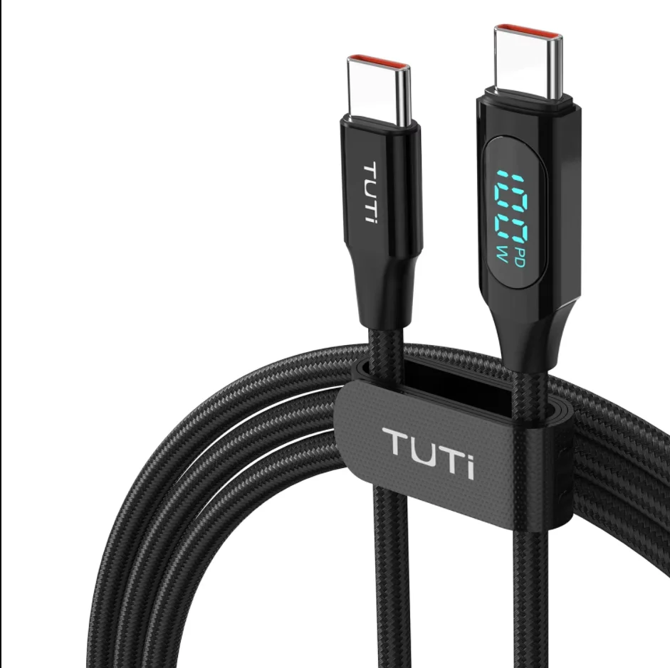 كابل شحن سريع TUTI 100 وات USBC إلى USBC، كابل مضفر من النايلون بشاشة عرض رقمية مناسب لهاتف iPhone 15/15 Pro/15 Plus/15ProMax