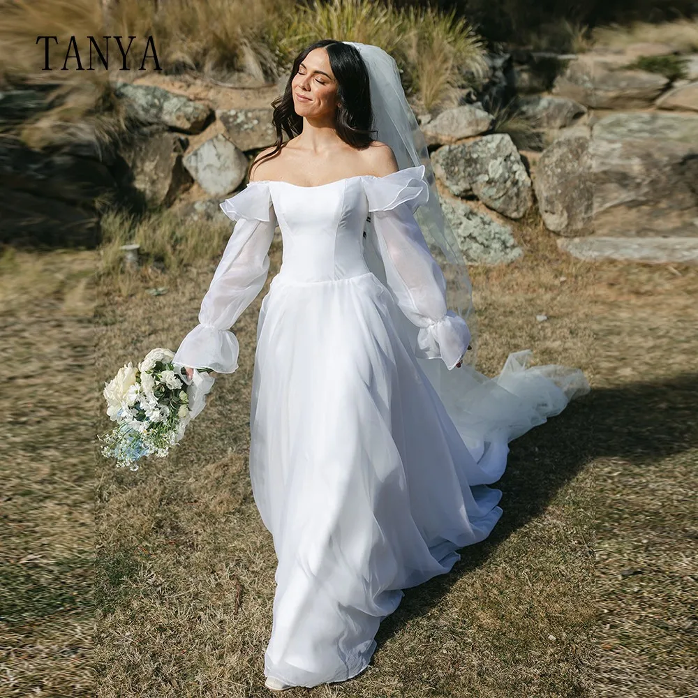 Robe de Mariée Élégante en Organza à Col Bateau, Manches sulf, Ligne A, avec Traîne de Balayage, pour Patients Simples, TSWDpara