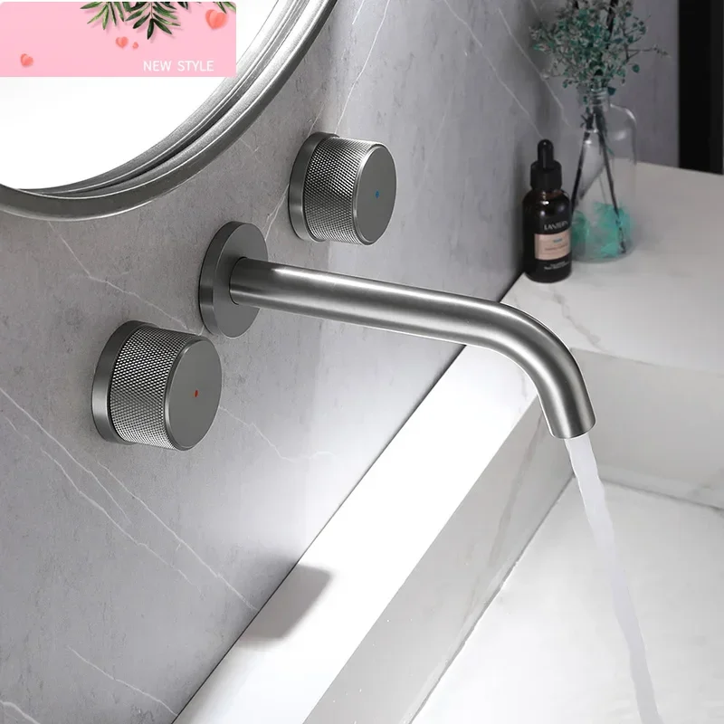 

Gunmetal/Matte Black Wall Mounted Bathroom Faucet Hot & Cold Water Mixer Double Handle Basin Faucet