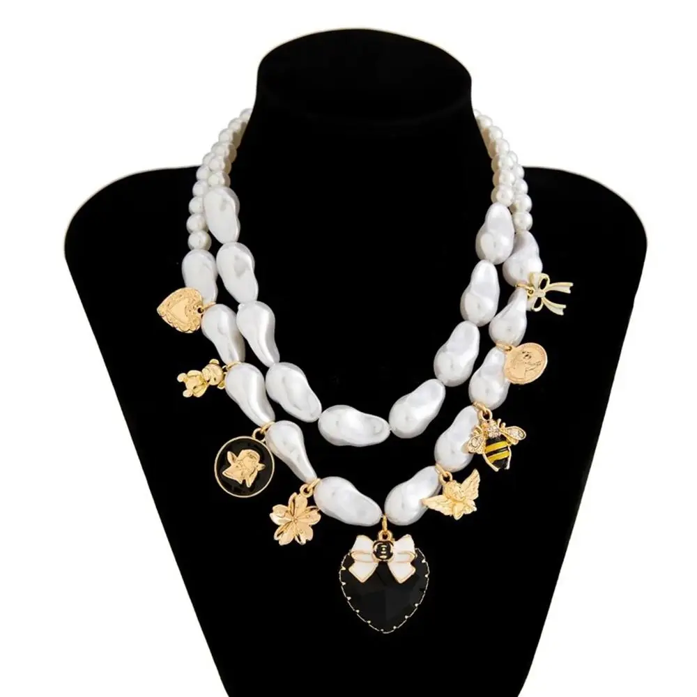 

Double-layer Imitation Pearl Necklace Imitation Pearl Flower Bow Heart Pendant Necklace Bee Butterfly Irregular Clavicle Chain