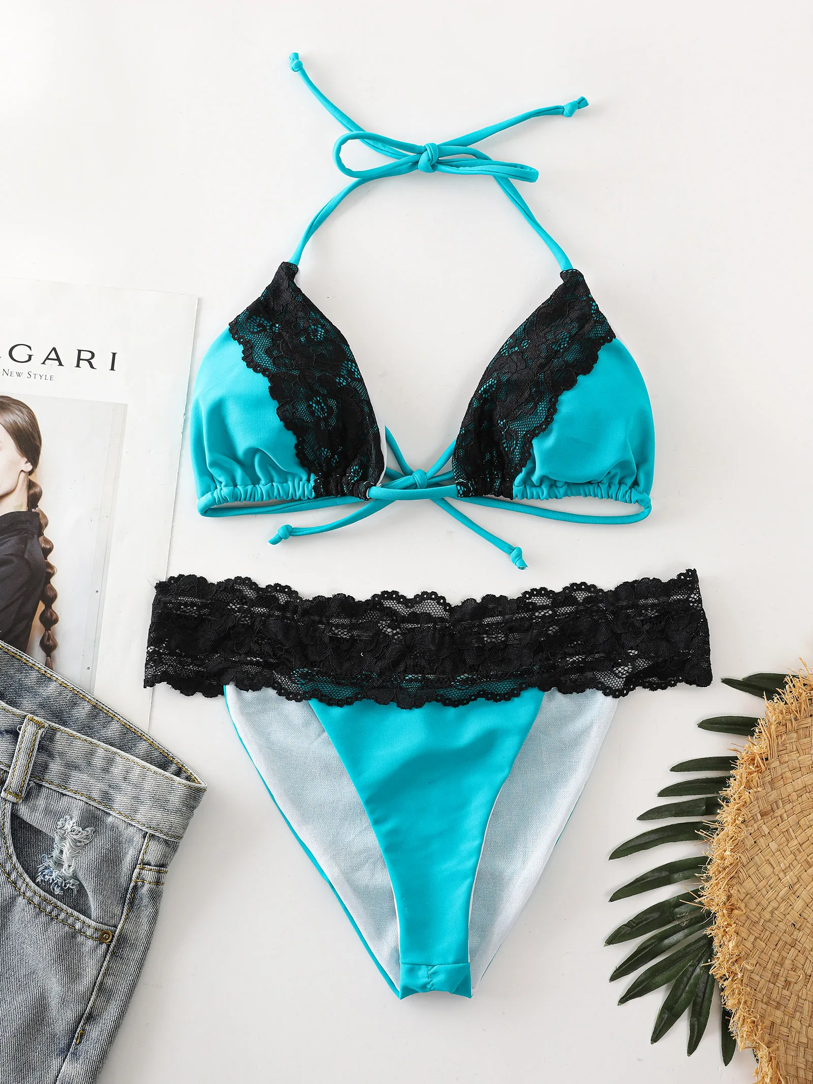 

Женский сексуальный кружевной комплект бикини, раздельный купальник, женский купальный костюм с высокой талией, пляжная одежда с завязками, летний купальный костюм для плавания