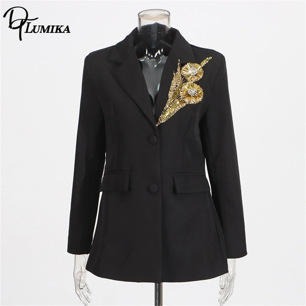 سترة بدلة صغيرة مطرزة بالزهور من DTLumika للنساء، سترة بدلة سوداء ضيقة، بدلات رسمية لحفلات العشاء #4