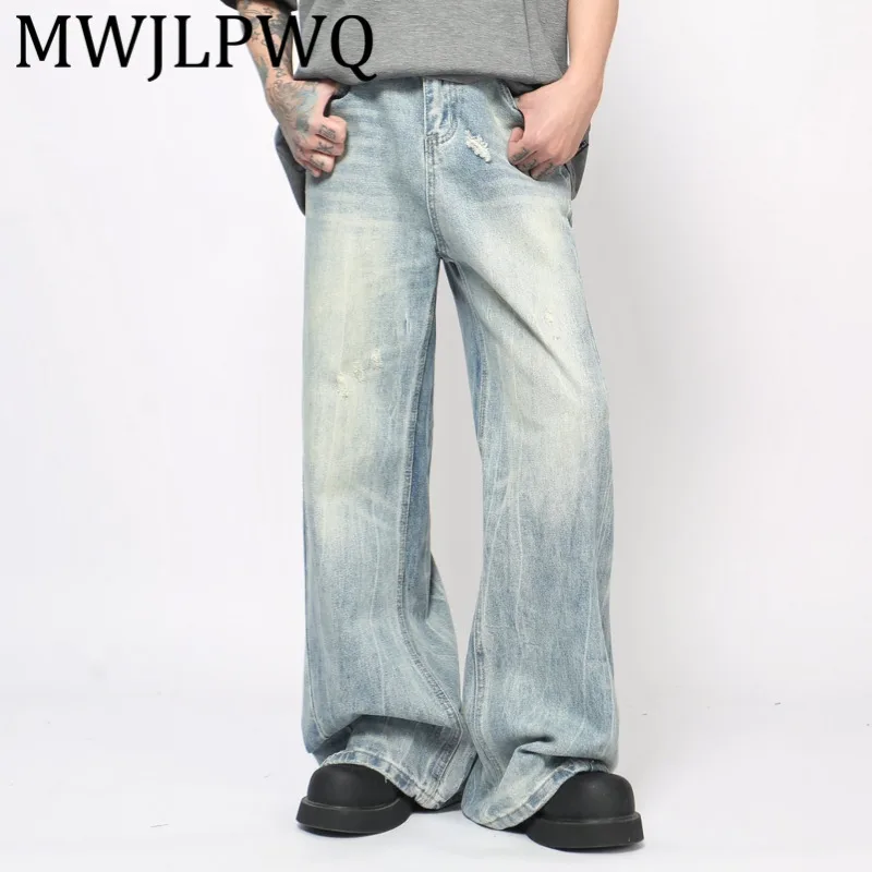

MWJLPWQ American Style Washed Vintage Jeans Men Trendy High Street Lazy Floor-Length Loose Straight Wide-Leg Casual Pants 21113