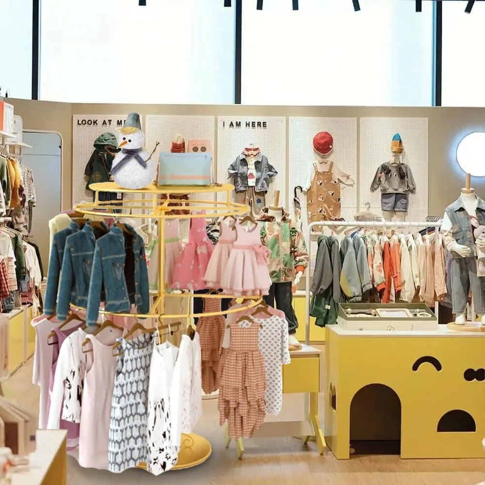 Rak Pakaian Bulat, Rak Pakaian Emas untuk Menggantung Pakaian, Rak Pakaian Ritel Ganda, Rak Pakaian Logam Berputar,