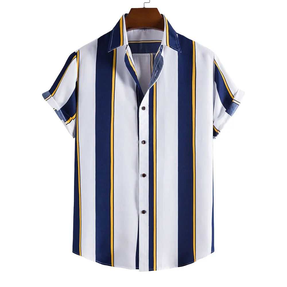 Chemise Hawaïenne à Manches Courtes pour Homme, Haut Décontracté, avec Imprimé Rayé, à la Mode, avec Revers et Bouton, Vêtement d'Été