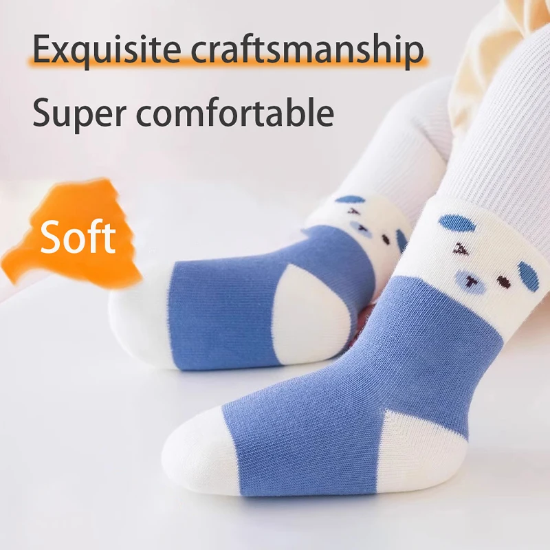 4Pairs 0-5Years Toddlers Cotton Socks Spring Autumn Newborn Sock Blue Bear Cute Solid Color Striped Baby Sport Socks Fashion