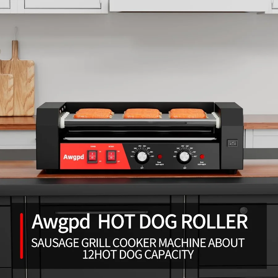 Rullo per hot dog 5 rulli 12 hot dog Capacità 750W Macchina per fornelli per salsicce commerciale in acciaio inossidabile con doppio controllo della temperatura Rem