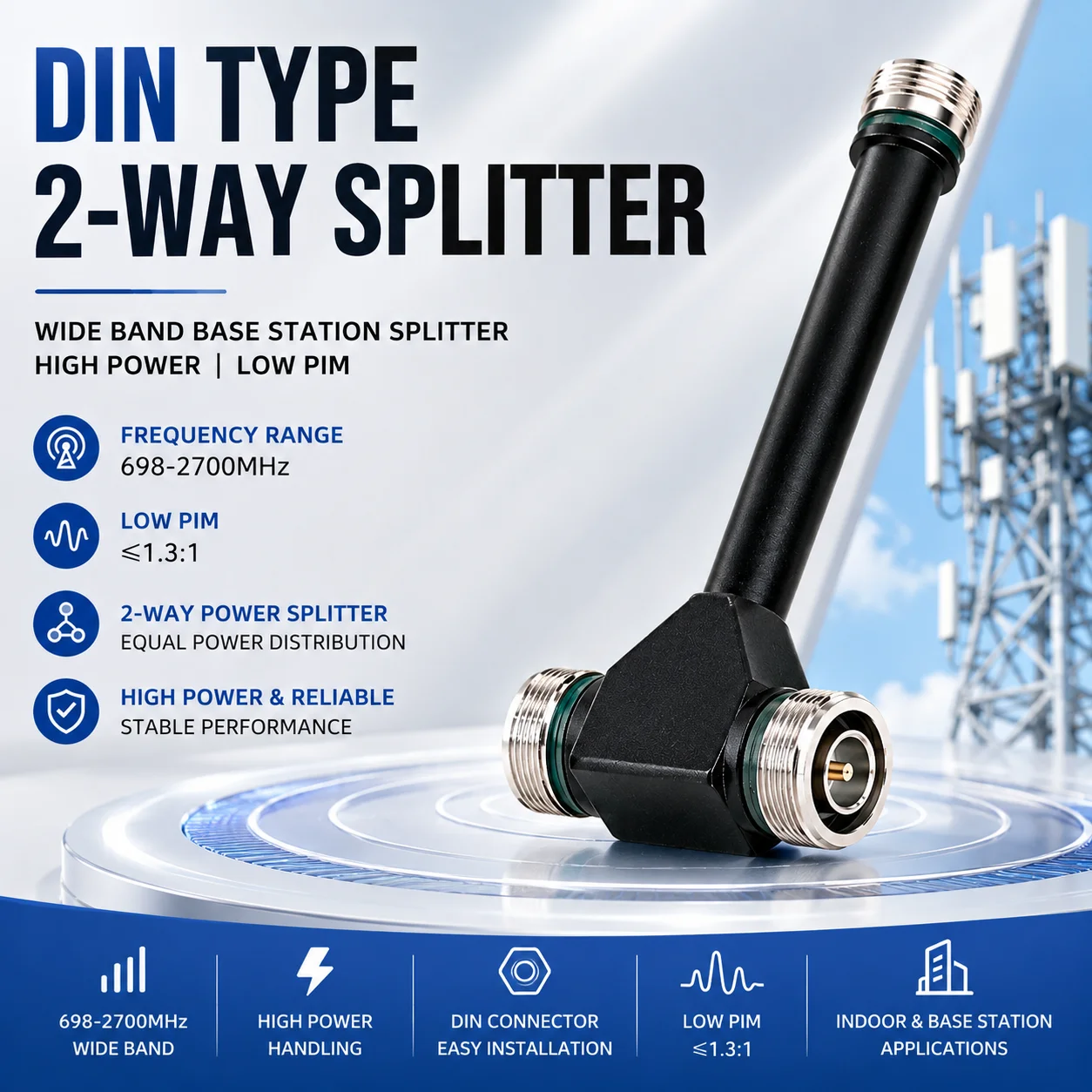 DIN 2-Way RF Power Splitter 698-2700MHz High Power Low PIM Signal Divider for Base Station Indoor Antenna System