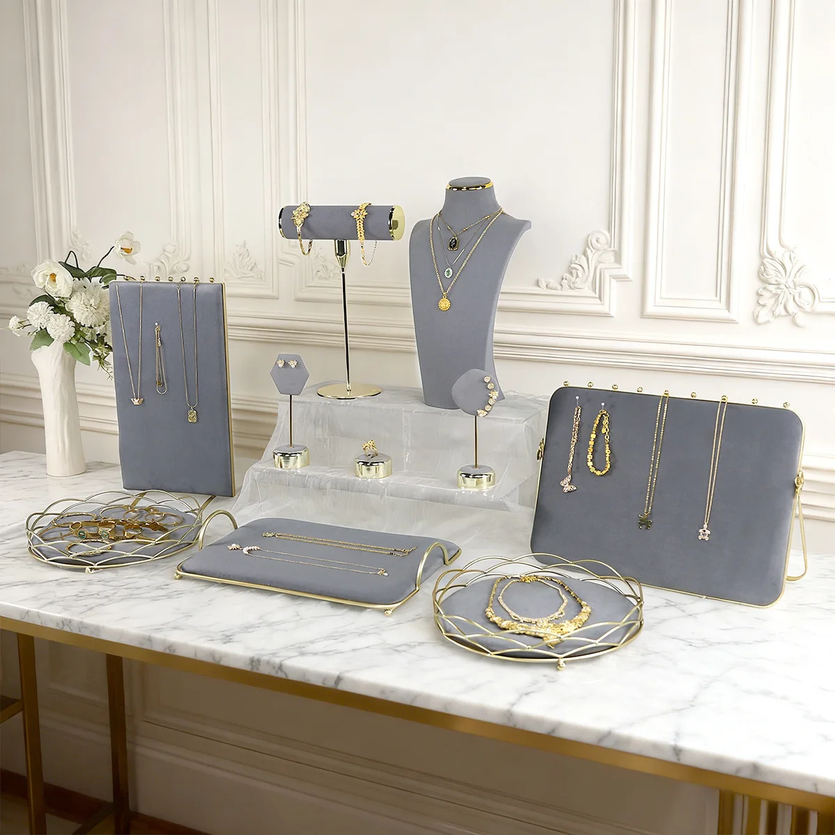 Gray Metal Edge Earring Necklace Rack, Dual-Color Series Hanging Display Stand, Shop Window Photography Prop