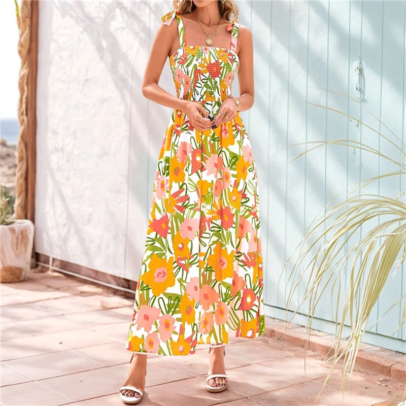 ABRT-สตรีฤดูร้อน Smocked Maxi Dress Boho สปาเก็ตตี้สาย Flowy Beach Long Sundress