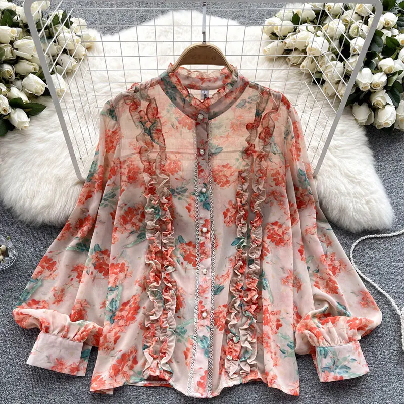 French Style Elegant Stand Collar Blouse Single-breasted Casual Lace Spliced Spring Autumn Women\'s Clothing Folds Shirring Shirt